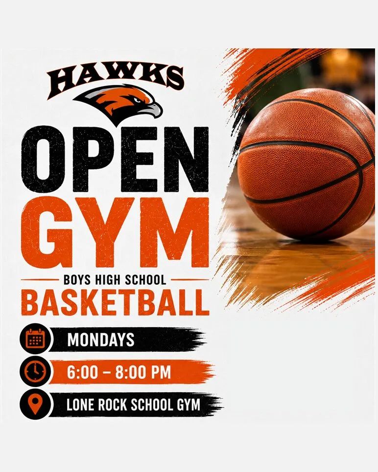 BHAA Hawks Open Gym flyer — boys high school basketball, Mondays 6–8 PM at Lone Rock School gym