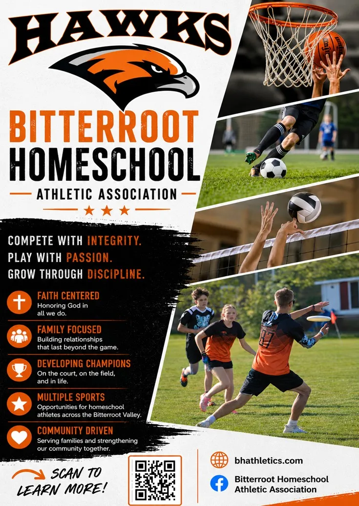BHAA Hawks promotional flyer featuring basketball, soccer, volleyball, and ultimate frisbee photos with the tagline "Compete with integrity, play with passion, grow through discipline."