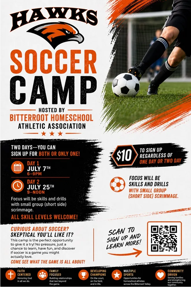BHAA Hawks Soccer Camp flyer — Day 1 July 7 (6–9 PM), Day 2 July 25 (9 AM–noon), $10 to sign up